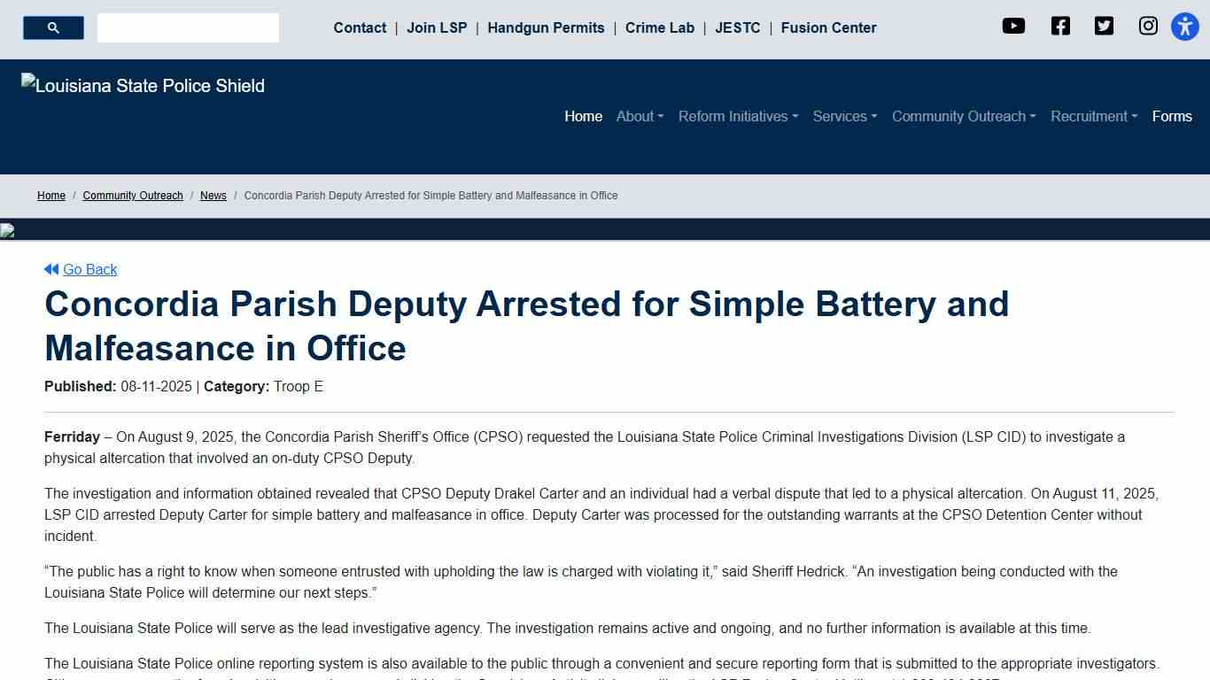 Concordia Parish Deputy Arrested for Simple Battery and Malfeasance in Office - Louisiana State Police